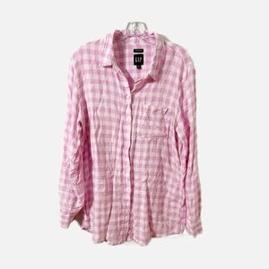 GAP Pink / White Gingham Plaid Linen 
Long Sleeve Boyfriend Shirt Pointed Collar